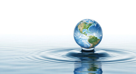 Globe resting on a single clear water droplet creating ripples on the water surface with a white background