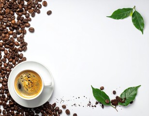 Espresso cup surrounded by coffee beans and leaves on white background