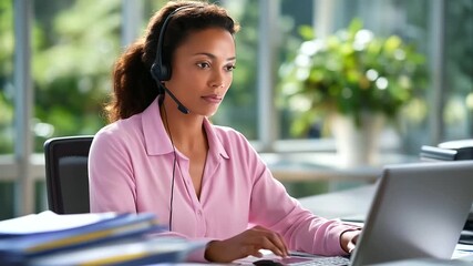 A professional woman multitasking with a headset on taking client calls while typing on her computer organized workstation with papers and folders spread neatly corporate office - Powered by Adobe