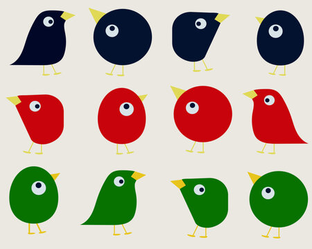 Naklejki Funny stickers in the shape of various birds. Multicolored hand-drawn birds. Images for stickers, icons, and reminder stickers. Cartoon characters.