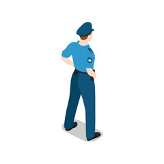 A police officer in uniform, standing with hands on hips, viewed from the back, isolated on transparent background