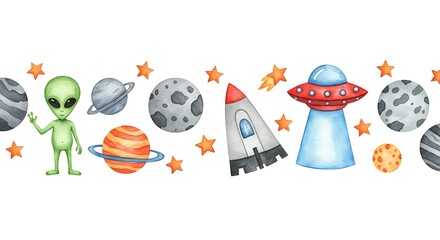 Watercolor space illustration featuring alien planets rocket and ufo elements