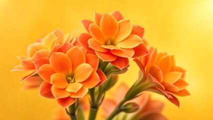 Closeup of vibrant orange kalanchoe flowers in full bloom, set against a warm yellow background, creating a cheerful and inviting scene