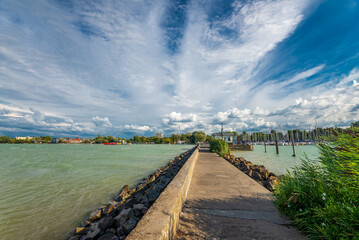 Obraz premium View of Lake Balaton in Hungary. Pier on Lake Balaton, Balatonlelle, Hungary