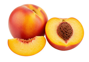 Vibrant whole and sliced ripe peach, juicy yellow-orange flesh, dark pit, white studio background, copy space, soft diffused light, appetizing food concept