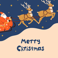Fototapeta premium Merry Christmas post card design with Santa Claus in sleigh with reindeers. Xmas postcard, winter holiday typography. Festive seasonal fairytale sledge flying in night sky. Flat vector illustration