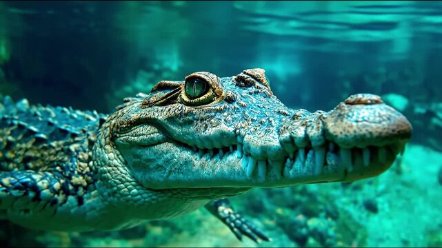 Crocodile swimming underwater scales teeth visible clear water