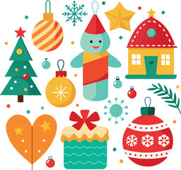 Vector art of a vibrant assortment of christmas and holiday elements, featuring a decorated tree, ornaments, a gift box, a heart, and a festive house, all isolated on a