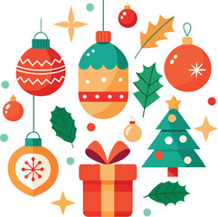 Vector art of vibrant collection of christmas decorations including various ornaments, a christmas tree, gift boxes, holly leaves, and stars