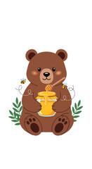 Naklejka premium A cute brown bear happily holding a jar of honey with bees flying around.
