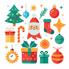 Vector art of collection of festive christmas icons including a cute santa claus, decorated christmas tree, gift boxes, candy cane, ornaments, and stars