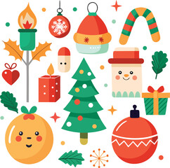 Vector art of a festive collection of christmas ornaments and decorations, including a candle, baubles, a gift box, a candy cane, and a christmas tree, all isolated on a
