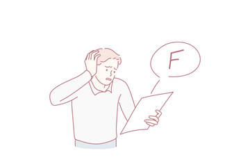 Having bad mark in education concept. Young stressed student standing touching head feeling unhappy having bad mark in exam vector illustration