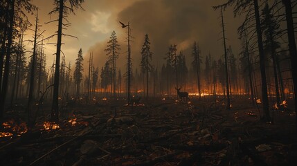 Forest fire engulfs the undergrowth as a deer cautiously watches with a bird of prey flying overhead.