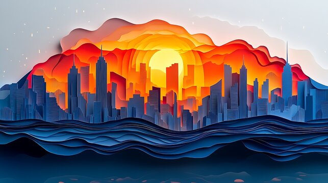 Stylized cityscape silhouette at sunset with layered paper effect and water reflection view