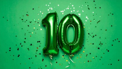 Green balloon number 10 with confetti on solid colored background. Photo for anniversary or birthday party