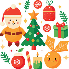 Vector art of cute cartoon christmas elements collection with santa claus, christmas tree, gift box, candy cane, candle, bauble, and holly