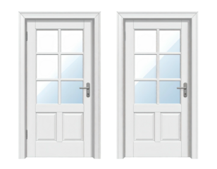 Two identical white wooden doors with glass panes