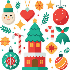 Vector art of whimsical christmas decoration set featuring a snowman, heart ornament, candy cane, christmas tree house, gift box, and baubles