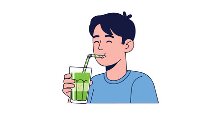 Boy enjoying a refreshing green smoothie with straw expressing satisfaction and well-being from healthy beverage consumption