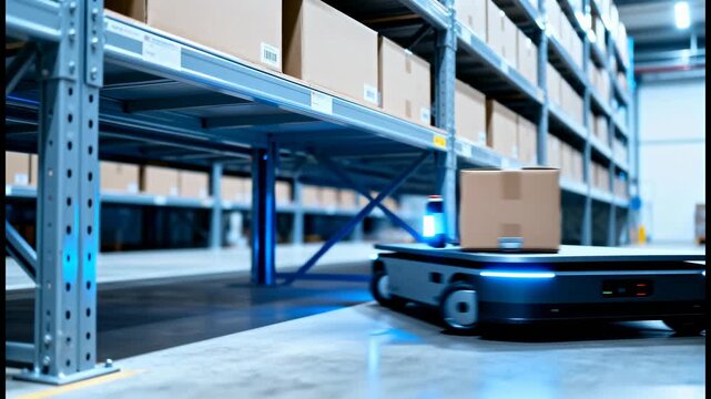 In an automated warehouse, a robotic platform with lights smoothly transports a cardboard box between the rows of shelves, moving deeper into the facility