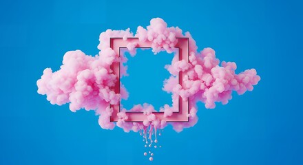 Pink cloud surrounding a square frame with dripping paint on blue backdrop