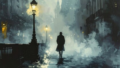 A lone figure in a fedora walks down a foggy, gaslit city street at night with an air of mystery