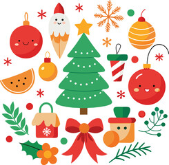 Vector art of a cheerful assortment of christmas icons featuring a smiling santa, decorated tree, gifts, ornaments, and festive foliage, all isolated on a