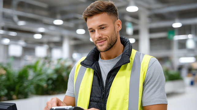 A man in a safety vest checks a payment at the counter in a bright, modern store, reflecting professionalism and customer service.