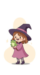 A little witch girl holding a cute frog in her hands.