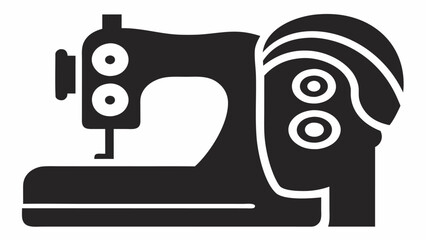 A black and white graphic illustration of a sewing machine and a human head side by side in silhouette