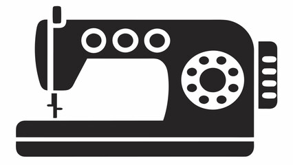 Illustration of a black sewing machine with white accents and circular dial details on a white background