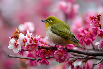 Fototapeta premium Vibrant Japanese Bird Amidst Cherry Blossoms in Ultra Detailed Editorial Photograph