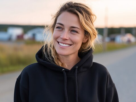 A woman in a black hoodie smiles at the camera