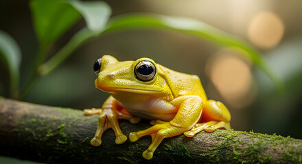 Naklejka premium A Vibrant Yellow Frog Perched on a Mossy Branch in a Lush Tropical Setting, detailed wildlife