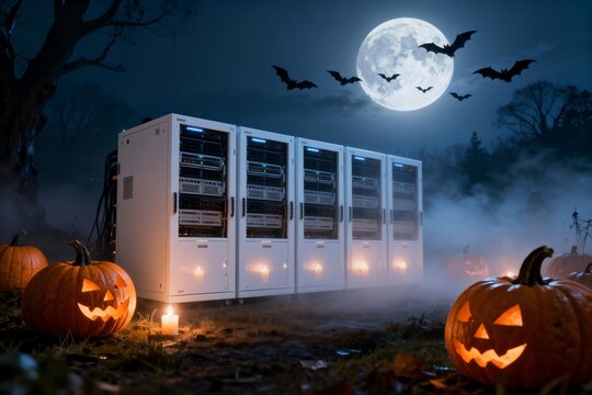 Halloween server room with pumpkins and bats under a full moon, spooky tech data center atmosphere, night scene, festive and eerie digital infrastructure concept