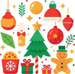 Vector art of a vibrant assortment of christmas elements including a gingerbread man, christmas tree, ornaments, gifts, and festive stars, all presented on a clean