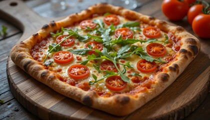 A classic Italian-style square pizza topped with peppery arugula and juicy ripe tomatoes, served on a rustic wooden board