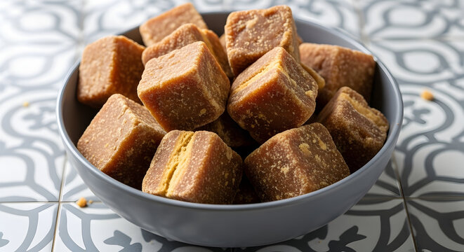 Bowl full of jaggery cubes on decorative tiles, a sweet and healthy traditional unrefined sugar