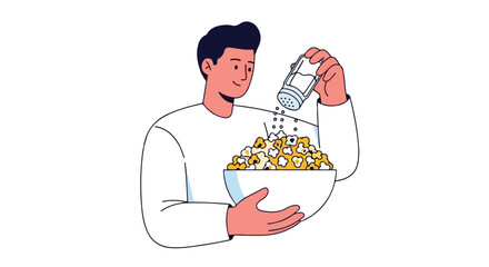 Man enthusiastically seasoning popcorn with shaker for snack time enjoyment depiction showing food seasoning and a joyful experience with simple