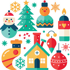 Vector art of assortment of cheerful christmas icons featuring snowmen, a decorated pine tree, a cozy house, festive ornaments, candy canes, and snowflakes