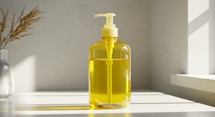 Clear Yellow Liquid in Pump Dispenser Bottle with Natural Light and Dried Plant