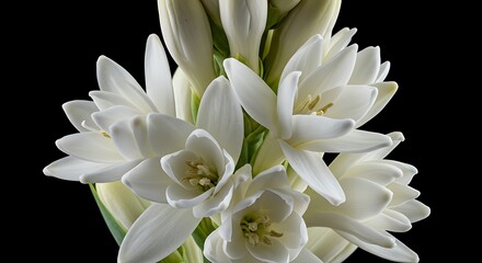 Close-up Macro of Delicate White Tuberose Flowers with Green Stems Against Black Background