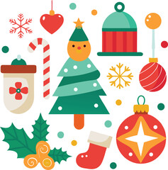 Vector art of a vibrant assortment of christmas elements, featuring a cute christmas tree character, baubles, candy cane, holly, and festive ornaments, all presented on a clean