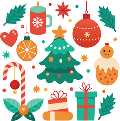Vector art of a delightful collection of christmas symbols including a gingerbread man, candy cane, gift boxes, baubles, and a christmas tree, rendered in a playful flat design and isolated on a
