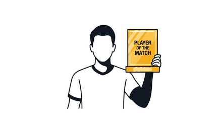 Line drawing illustration of a player holding a golden trophy, symbolizing victory and athletic achievement in sport competition celebration