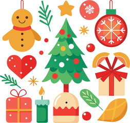 Vector art of a cheerful arrangement of christmas icons including a gingerbread man, christmas tree, ornaments, gift box, candle, and heart, all isolated on a