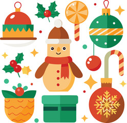 Vector art of a festive collection of christmas and winter holiday elements, including a snowman, christmas tree, ornaments, candy cane, holly, and gifts, all isolated on a