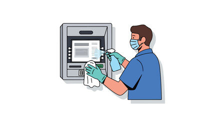 Preventive action: Person disinfecting ATM with mask and gloves, emphasizing safety and hygiene during financial transactions in public spaces