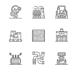 Set of Industry icon, Pollution, Packaging, Factory, Warehouse thin line and pixel Symbol Outline icon Editable Stroke